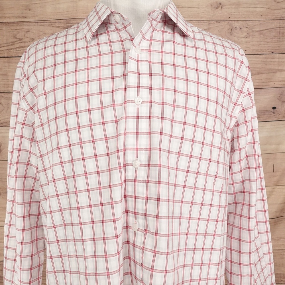 Haggar Dress Shirt Men 18-18.5 34/35 Red White Excellent Slim Fit Grid Cotton